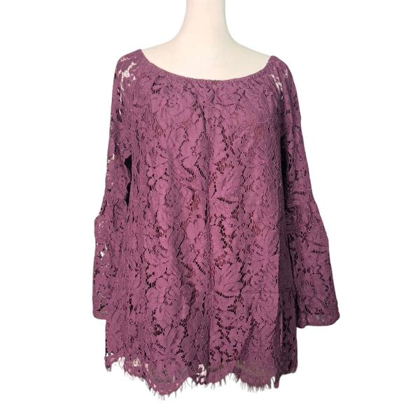 Chaser Womens Lace Overlay Bell Sleeve Maroon Top Size Medium NEW - Picture 1 of 9